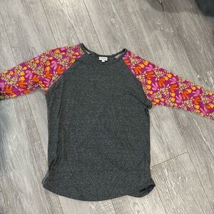 LuLaRoe Randy Gray Top with Pink and Orange Sleeves